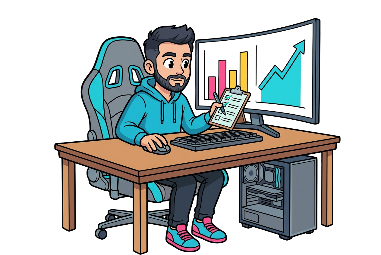 Cartoon campaign analyst reviewing charts and a launch checklist at his PC
