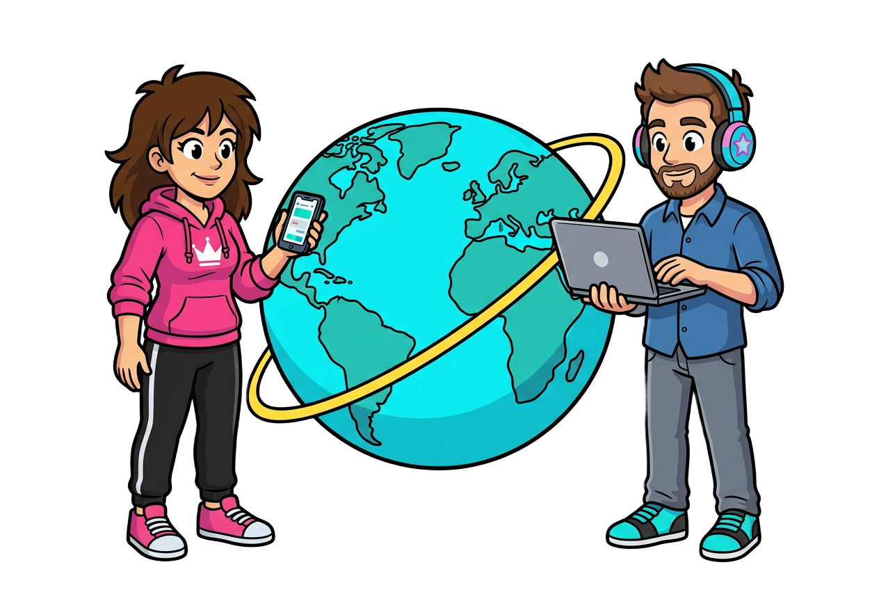Cartoon creators connected across a turquoise globe with a phone and laptop