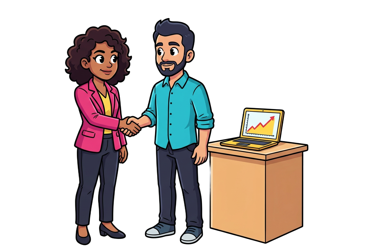 Cartoon agency partners shaking hands beside a campaign laptop