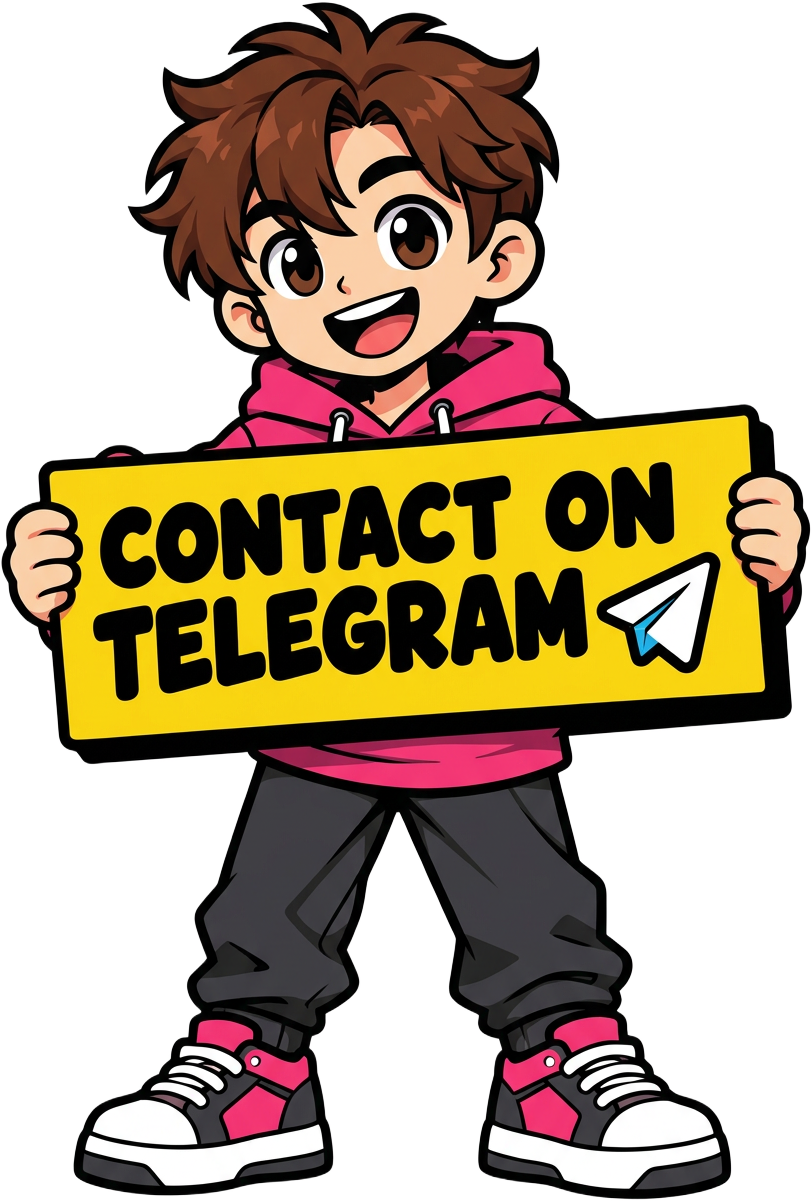 Cartoon character holding up a yellow sign reading Contact on Telegram